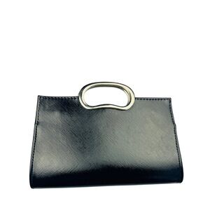 Black Structured Clutch with Gold Oval Handle – Evening Bag
